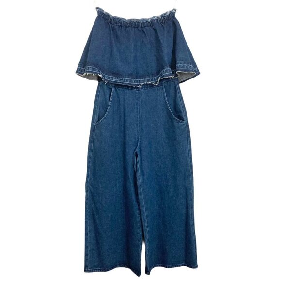 JOA LA Wide Leg Cropped Strapless Denim Jumpsuit - Picture 6 of 9
